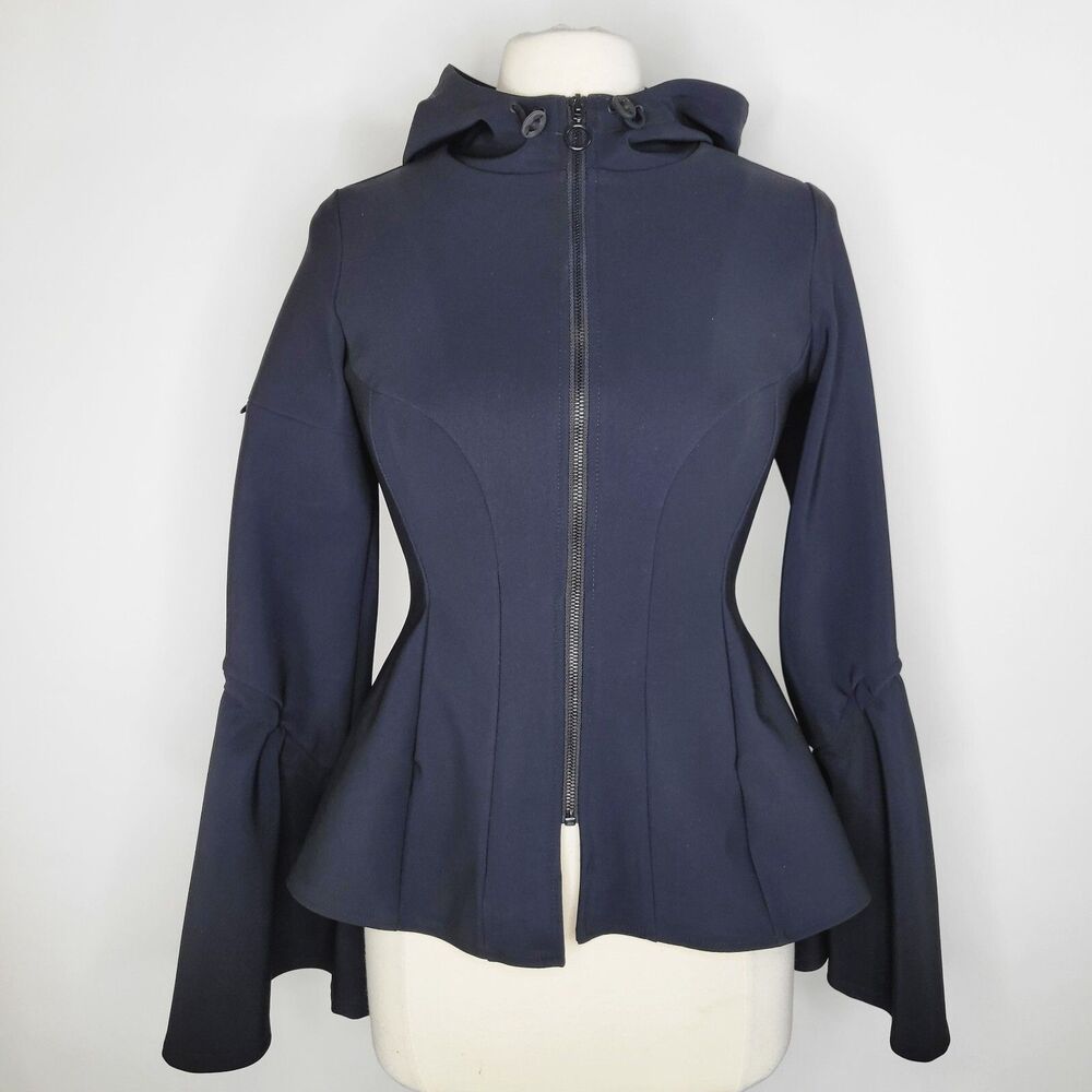 JONATHAN SIMKHAI x Carbon 38 Black Hooded Jacket Size S Peplum Bell Sleeve Scuba